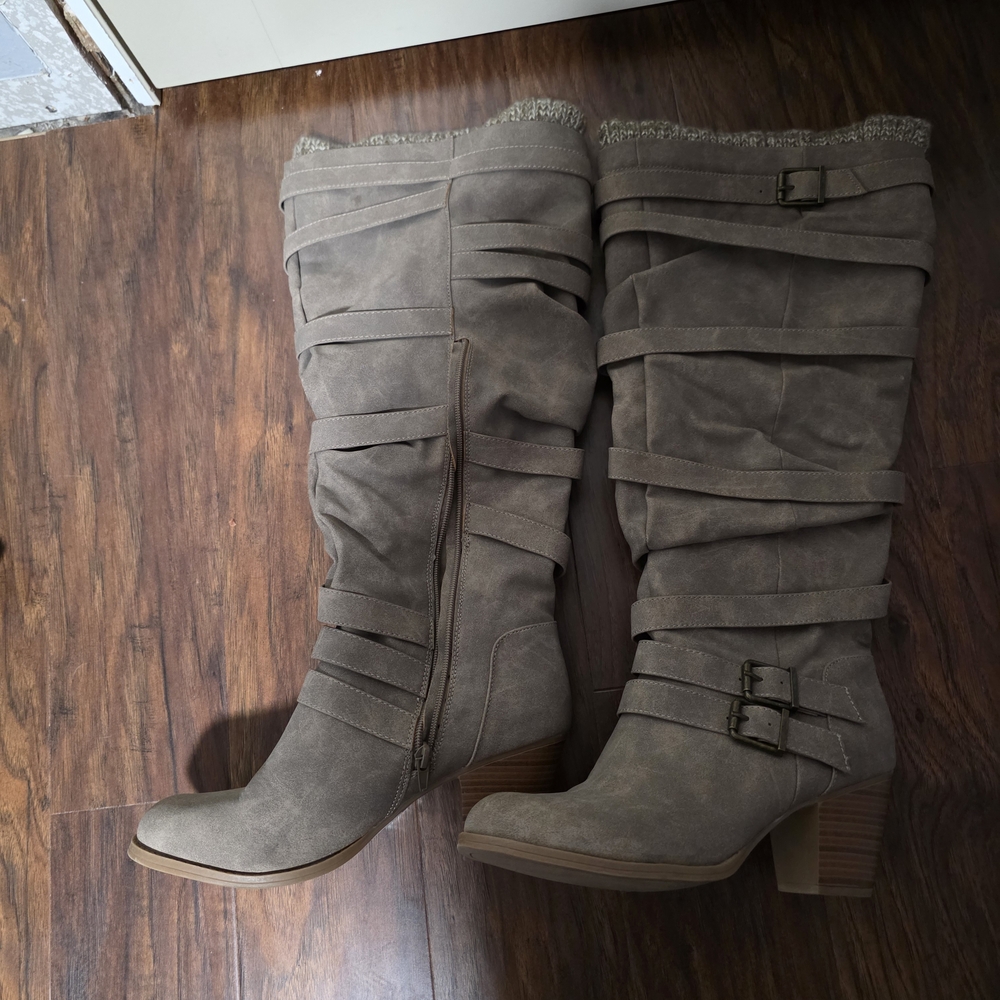JustFab Taupe Buckle-Strap Knee-High Heeled Boots